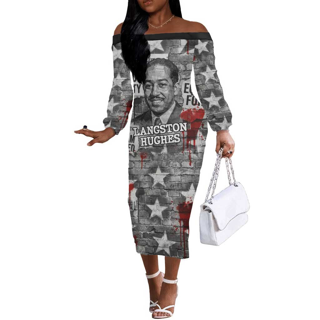 Langston Hughes Off The Shoulder Long Sleeve Dress Urban Brick Wall Design with Protest Art and Poetry Powerful Quotes - African Pride