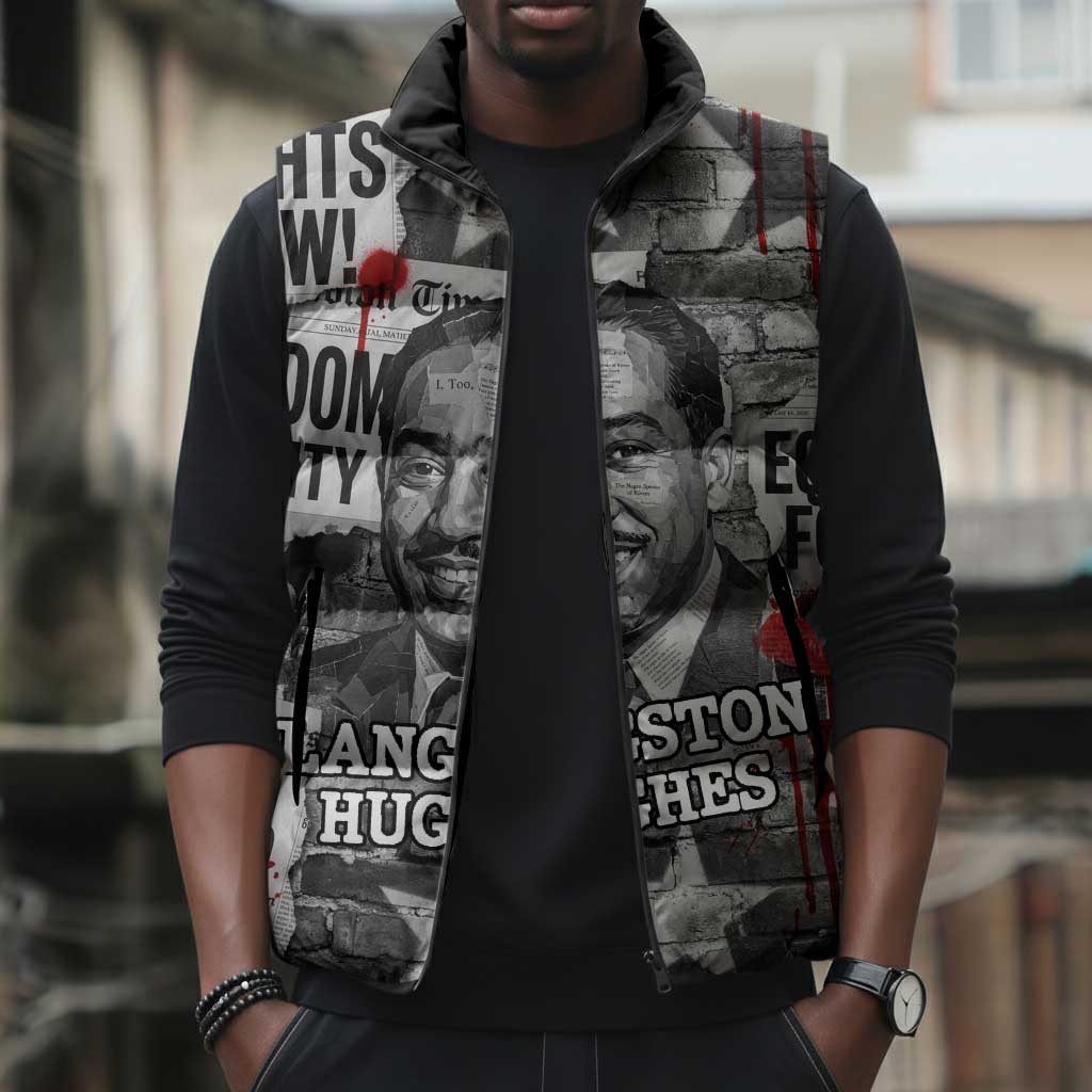 Langston Hughes Sleeveless Puffer Jacket Urban Brick Wall Design with Protest Art and Poetry Powerful Quotes - African Pride