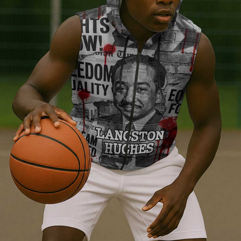Langston Hughes Sleeveless Zip Hoodie Urban Brick Wall Design with Protest Art and Poetry Powerful Quotes - African Pride