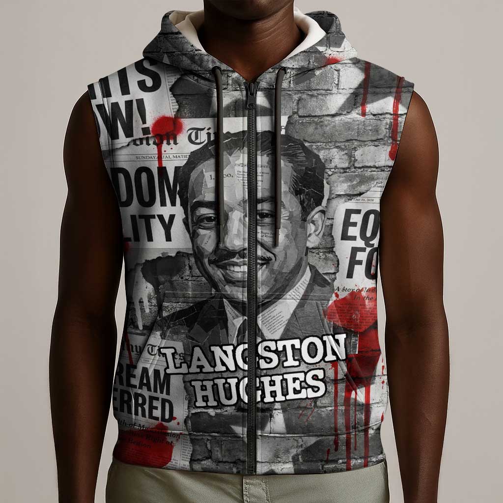 Langston Hughes Sleeveless Zip Hoodie Urban Brick Wall Design with Protest Art and Poetry Powerful Quotes - African Pride