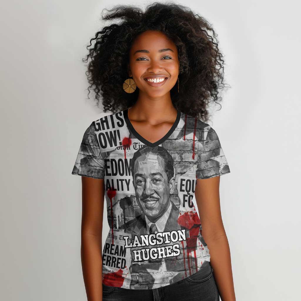 Langston Hughes Women V-Neck T-Shirt Urban Brick Wall Design with Protest Art and Poetry Powerful Quotes - African Pride