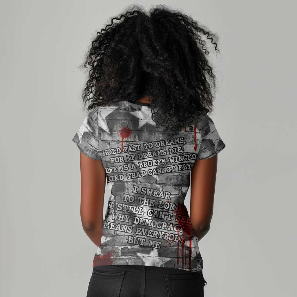 Langston Hughes Women V-Neck T-Shirt Urban Brick Wall Design with Protest Art and Poetry Powerful Quotes - African Pride