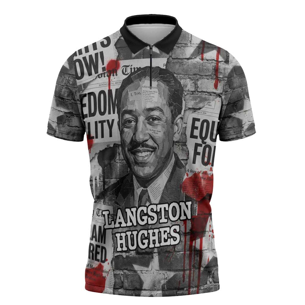 Langston Hughes Zipper Polo Shirt Urban Brick Wall Design with Protest Art and Poetry Powerful Quotes - African Pride