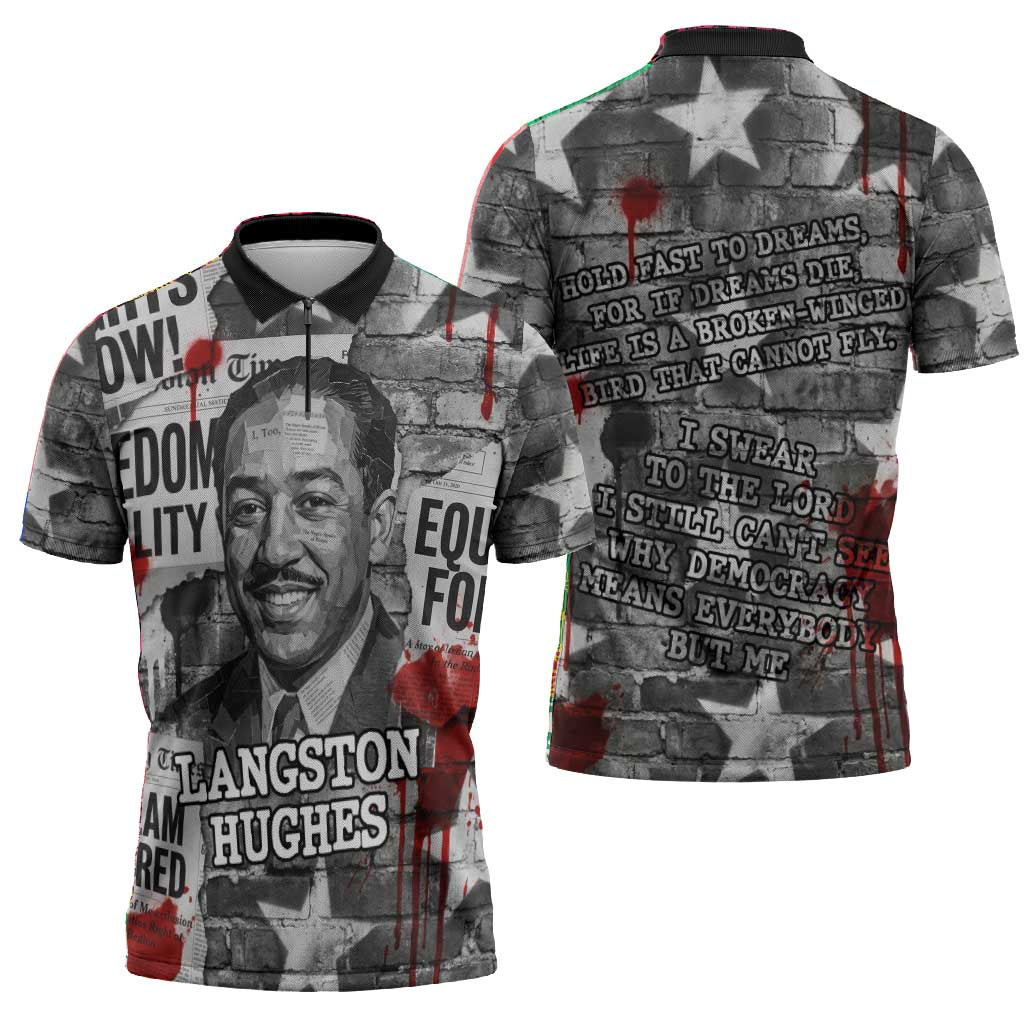 Langston Hughes Zipper Polo Shirt Urban Brick Wall Design with Protest Art and Poetry Powerful Quotes - African Pride