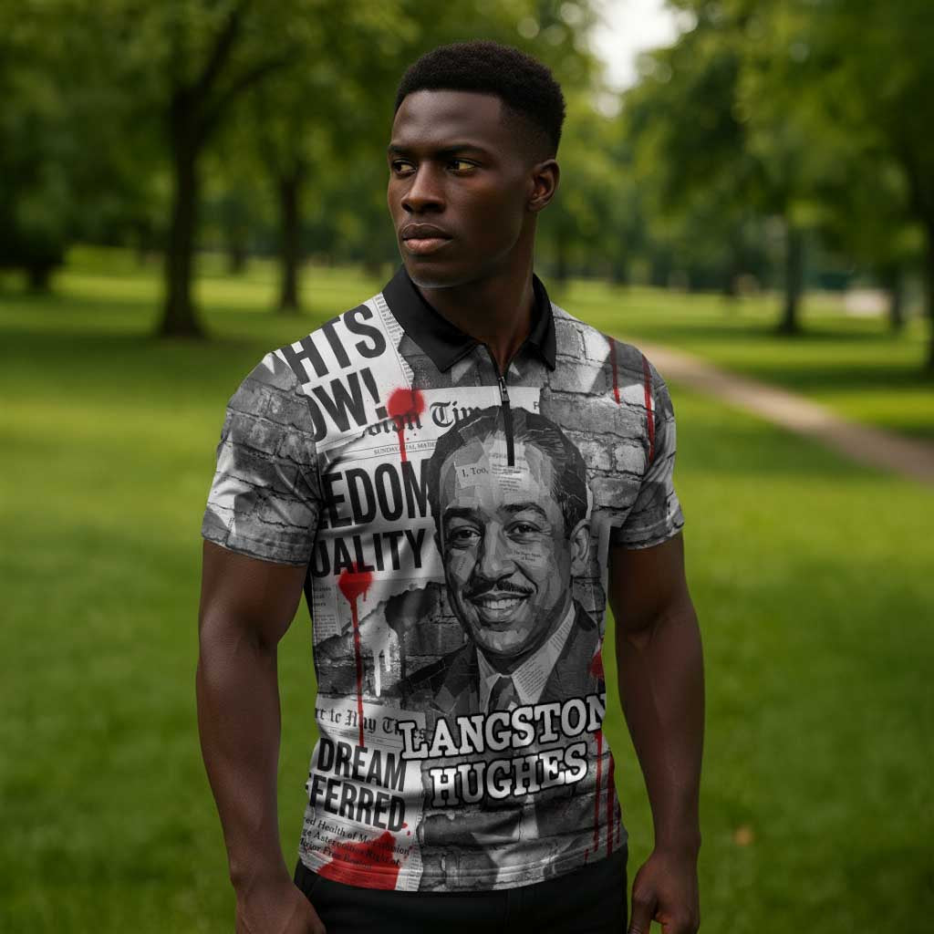 Langston Hughes Zipper Polo Shirt Urban Brick Wall Design with Protest Art and Poetry Powerful Quotes - African Pride