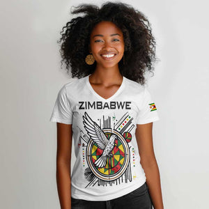 Spirit of Zimbabwe Women V-Neck T-Shirt Flag Colors and Symbol of Peace