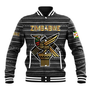 Zimbabwean Bird Statue Baseball Jacket Tribal Pattern Flag Patch and Heritage Symbol