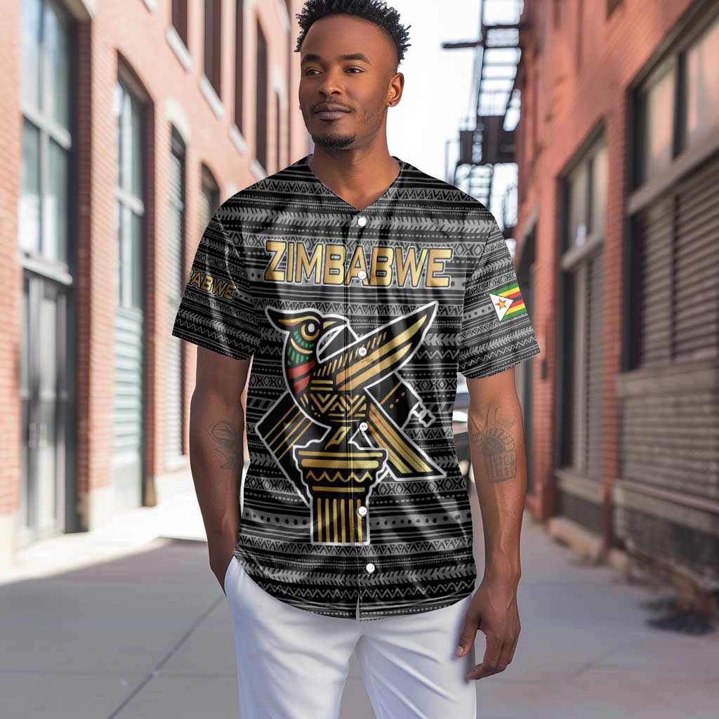 Zimbabwean Bird Statue Baseball Jersey Tribal Pattern Flag Patch and Heritage Symbol