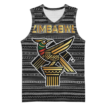 Zimbabwean Bird Statue Basketball Jersey Tribal Pattern Flag Patch and Heritage Symbol - African Pride