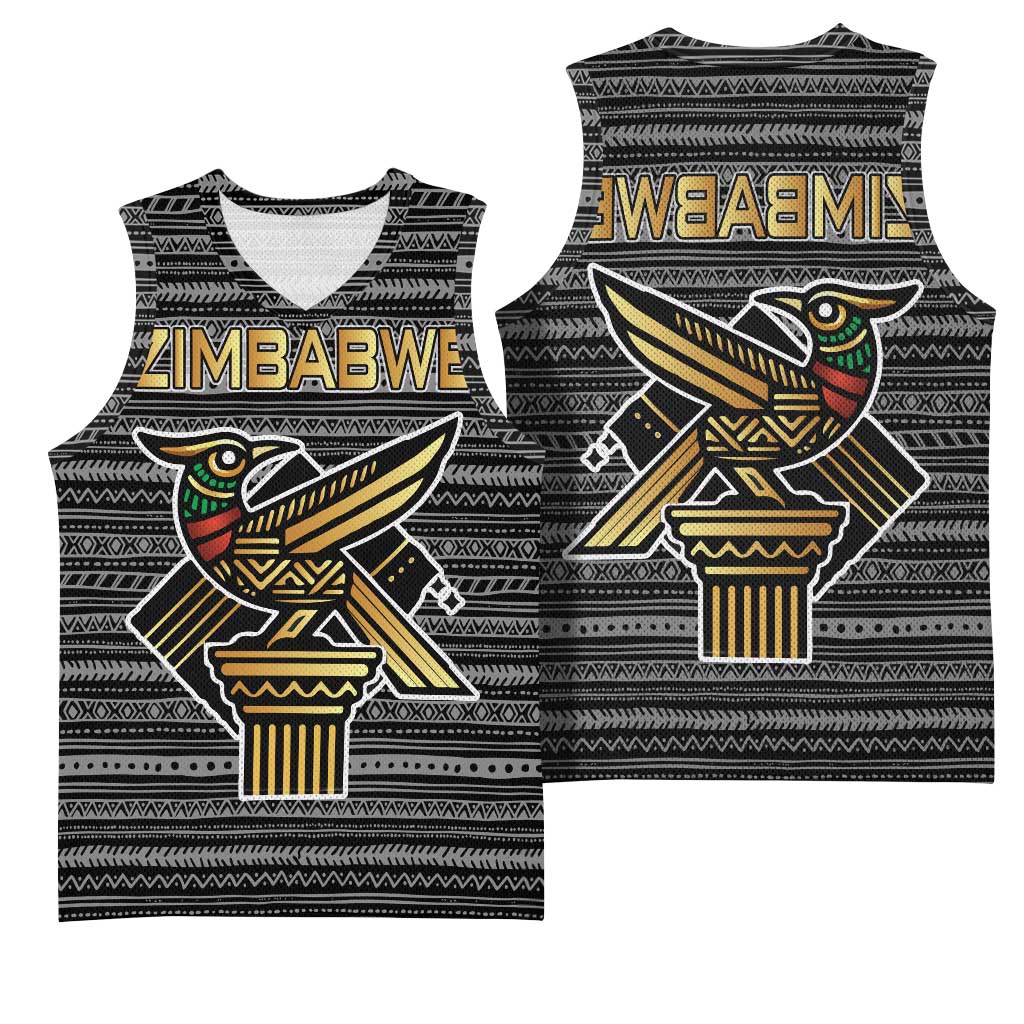 Zimbabwean Bird Statue Basketball Jersey Tribal Pattern Flag Patch and Heritage Symbol - African Pride