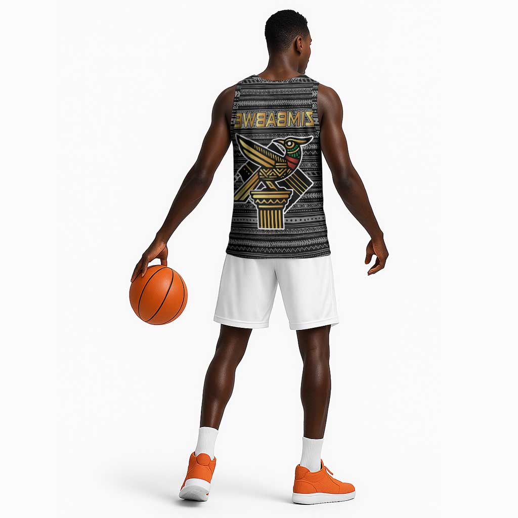 Zimbabwean Bird Statue Basketball Jersey Tribal Pattern Flag Patch and Heritage Symbol - African Pride