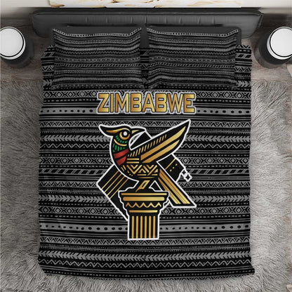 Zimbabwean Bird Statue Bedding Set Tribal Pattern Flag Patch and Heritage Symbol