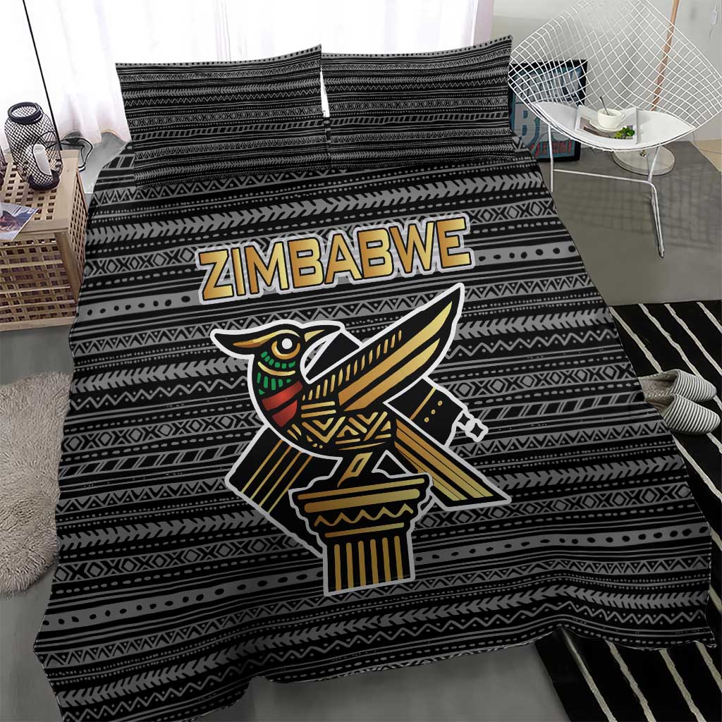 Zimbabwean Bird Statue Bedding Set Tribal Pattern Flag Patch and Heritage Symbol