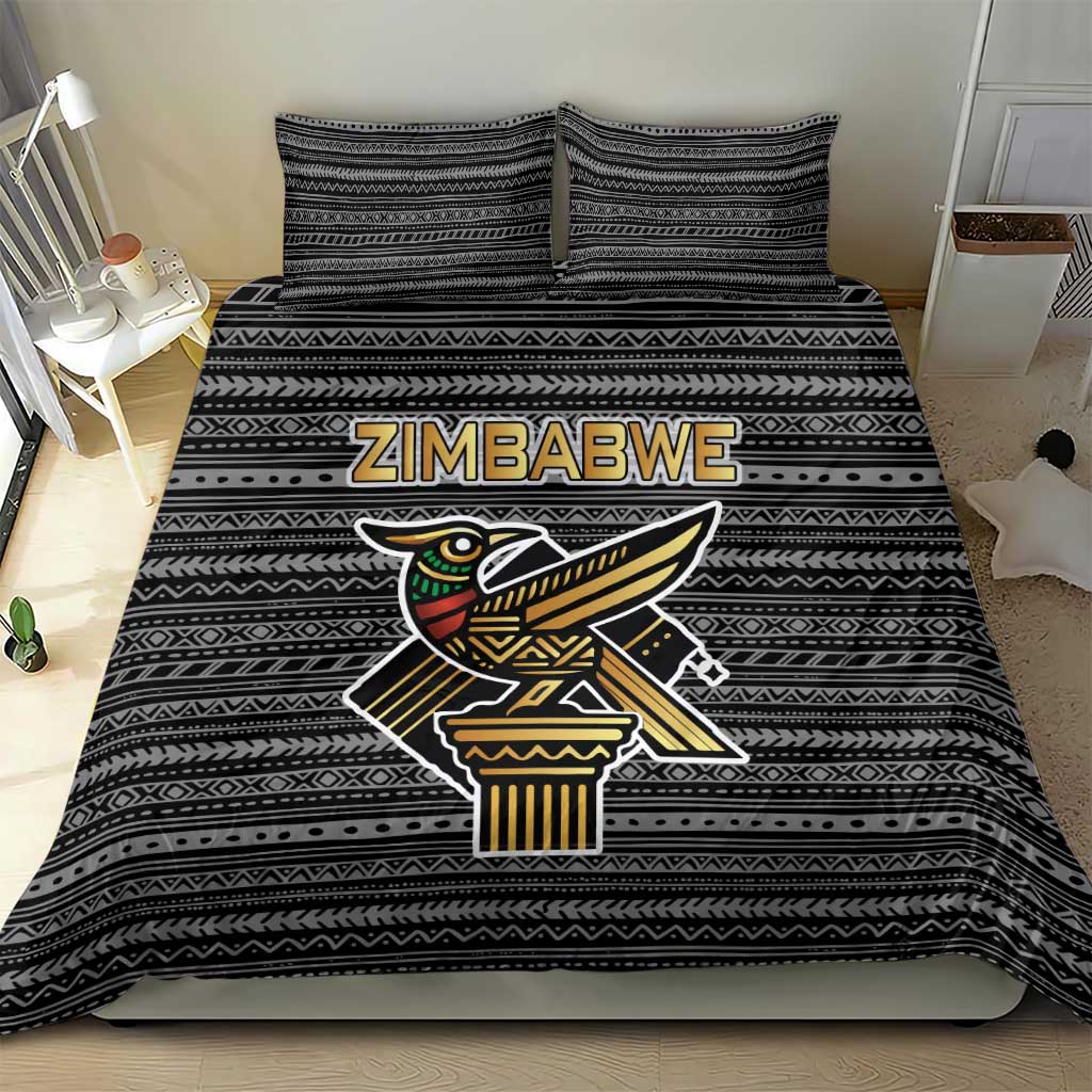 Zimbabwean Bird Statue Bedding Set Tribal Pattern Flag Patch and Heritage Symbol