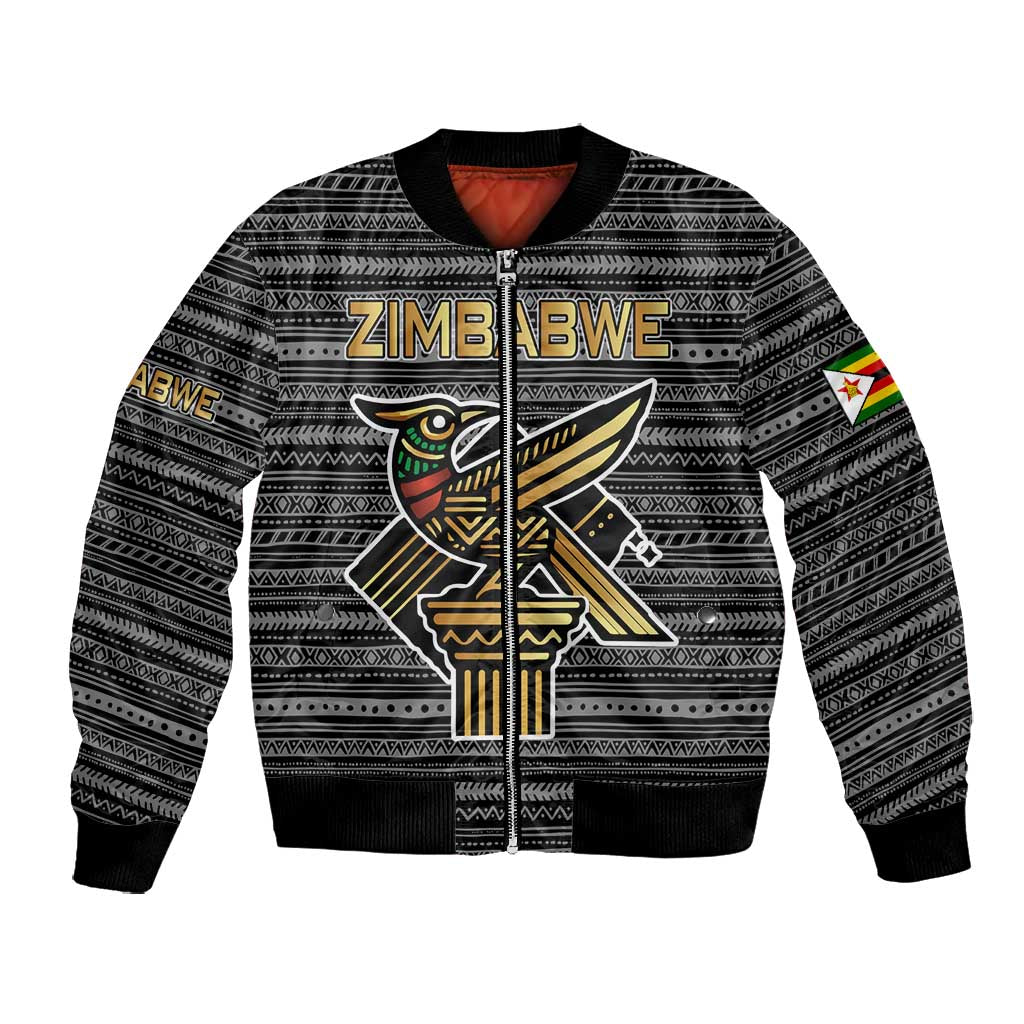 Zimbabwean Bird Statue Bomber Jacket Tribal Pattern Flag Patch and Heritage Symbol