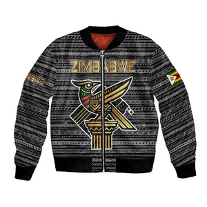 Zimbabwean Bird Statue Bomber Jacket Tribal Pattern Flag Patch and Heritage Symbol