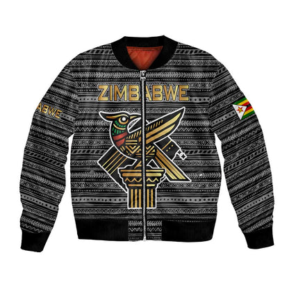 Zimbabwean Bird Statue Bomber Jacket Tribal Pattern Flag Patch and Heritage Symbol
