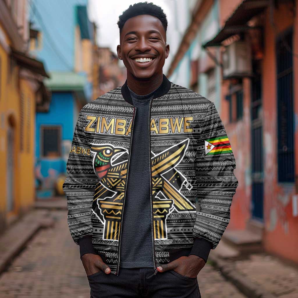 Zimbabwean Bird Statue Bomber Jacket Tribal Pattern Flag Patch and Heritage Symbol