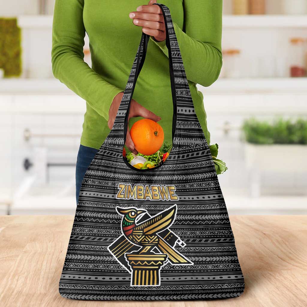 Zimbabwean Bird Statue Grocery Bag Tribal Pattern Flag Patch and Heritage Symbol
