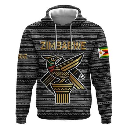Zimbabwean Bird Statue Hoodie Tribal Pattern Flag Patch and Heritage Symbol