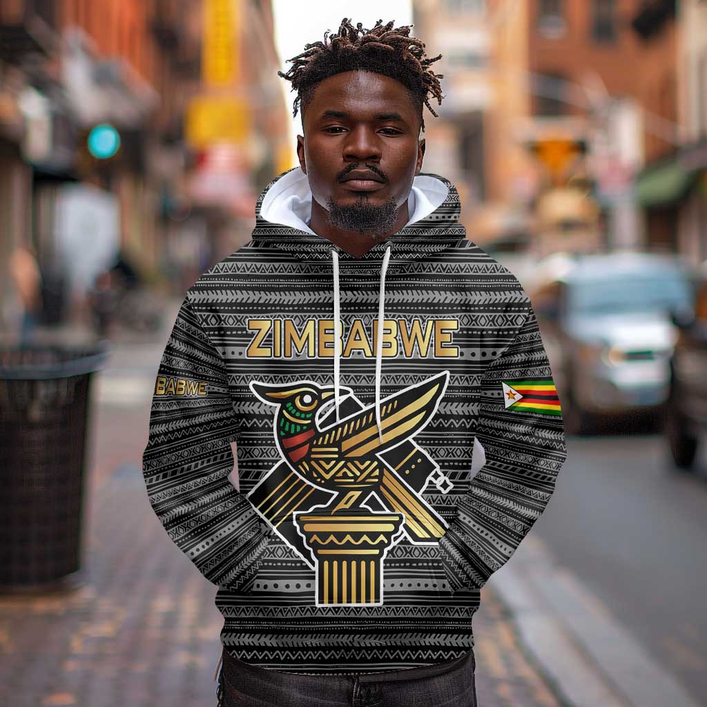 Zimbabwean Bird Statue Hoodie Tribal Pattern Flag Patch and Heritage Symbol