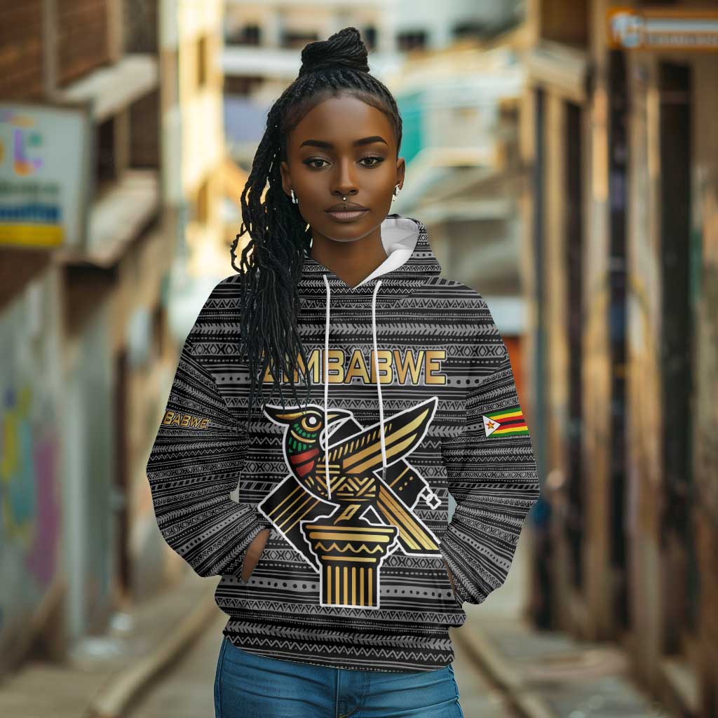 Zimbabwean Bird Statue Hoodie Tribal Pattern Flag Patch and Heritage Symbol