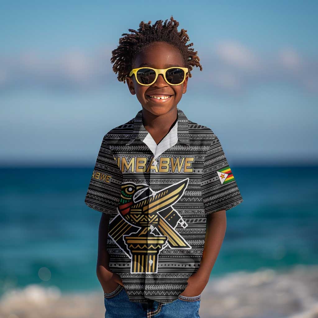 Zimbabwean Bird Statue Kid Hawaiian Shirt Tribal Pattern Flag Patch and Heritage Symbol