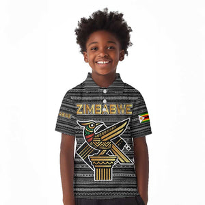 Zimbabwean Bird Statue Kid Polo Shirt Tribal Pattern Flag Patch and Heritage Symbol