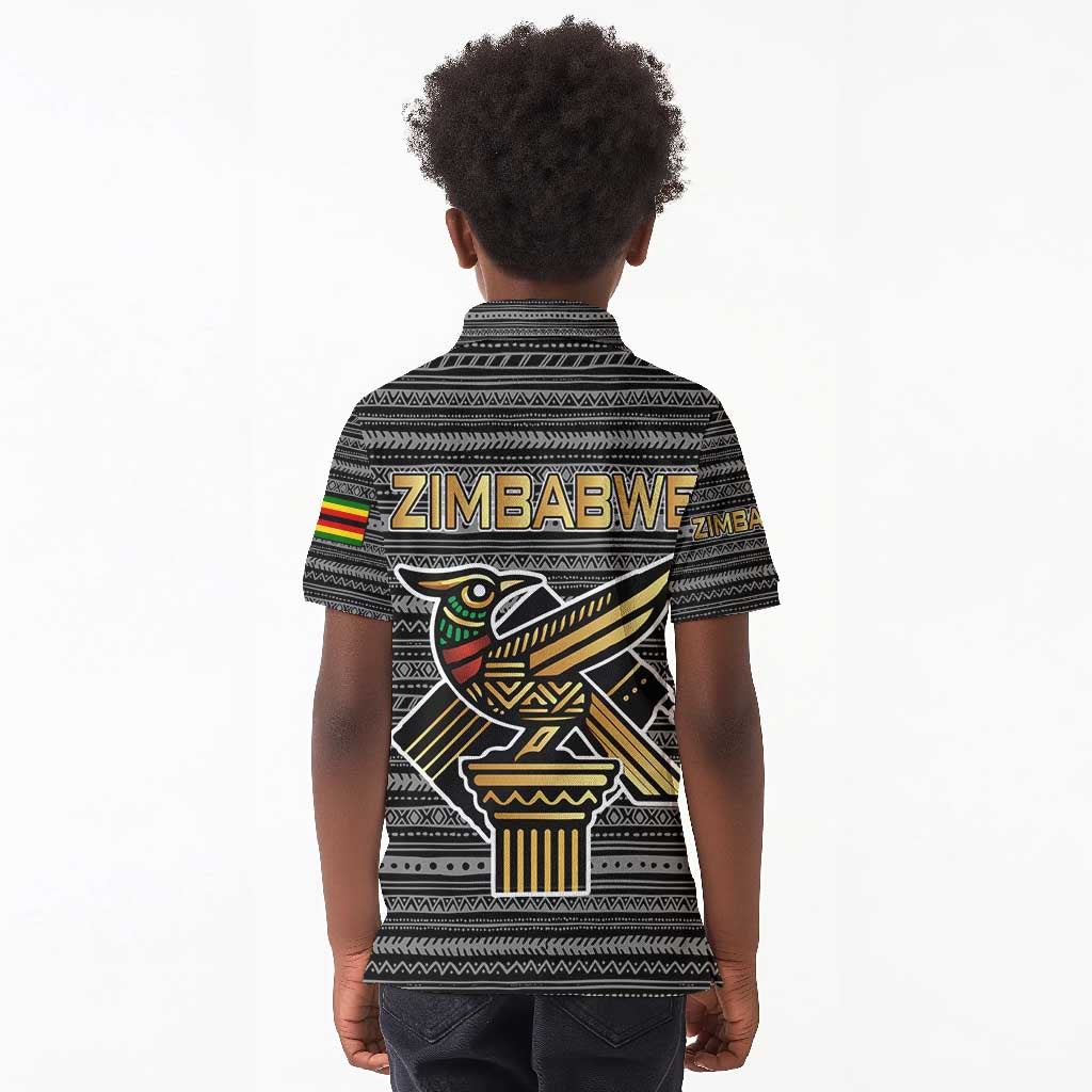 Zimbabwean Bird Statue Kid Polo Shirt Tribal Pattern Flag Patch and Heritage Symbol