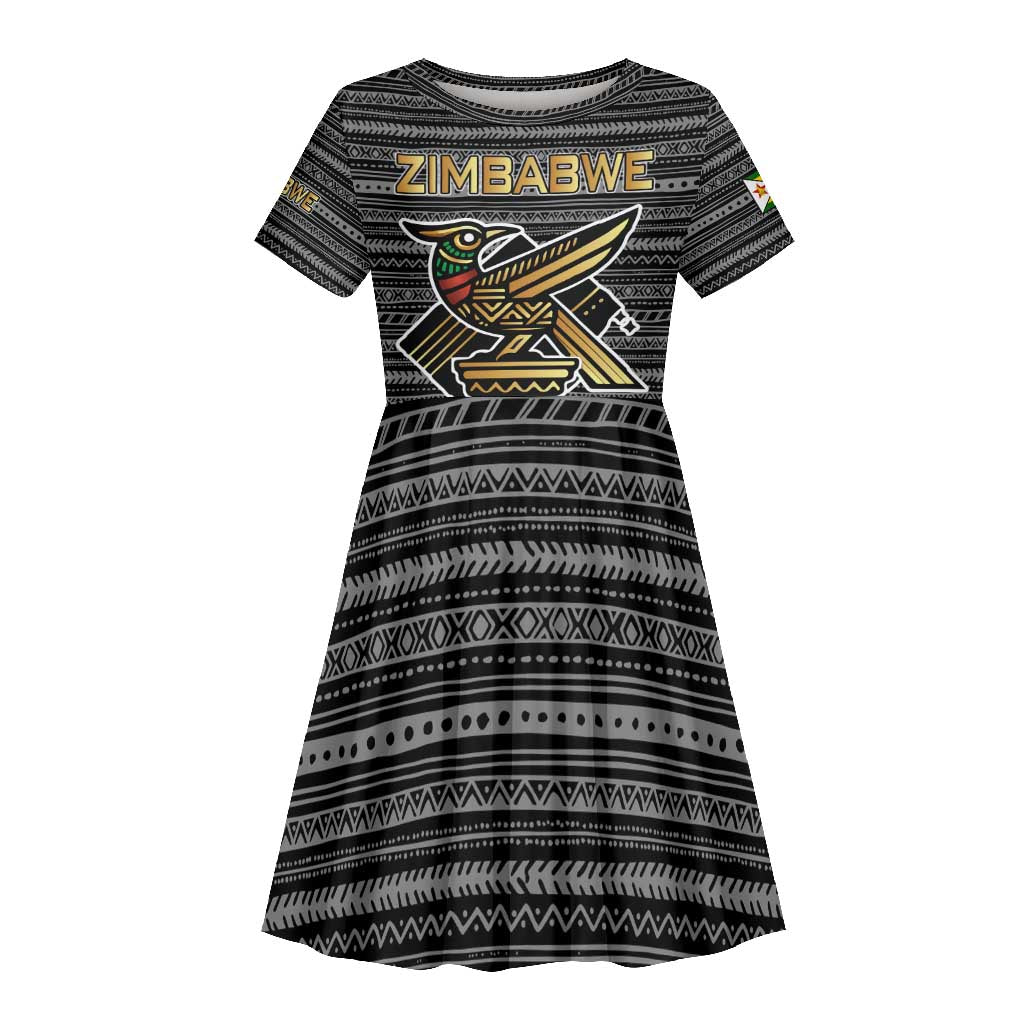 Zimbabwean Bird Statue Kid Short Sleeve Dress Tribal Pattern Flag Patch and Heritage Symbol