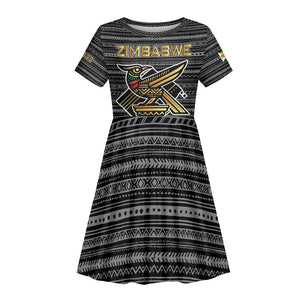 Zimbabwean Bird Statue Kid Short Sleeve Dress Tribal Pattern Flag Patch and Heritage Symbol