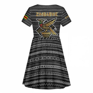 Zimbabwean Bird Statue Kid Short Sleeve Dress Tribal Pattern Flag Patch and Heritage Symbol