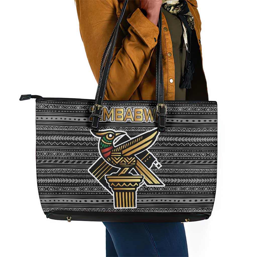 Zimbabwean Bird Statue Leather Tote Bag Tribal Pattern Flag Patch and Heritage Symbol