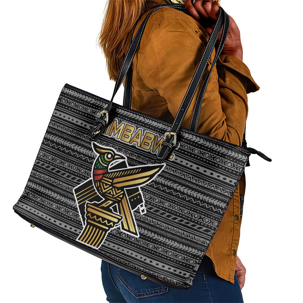 Zimbabwean Bird Statue Leather Tote Bag Tribal Pattern Flag Patch and Heritage Symbol