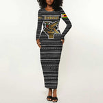 Zimbabwean Bird Statue Long Sleeve Bodycon Dress Tribal Pattern Flag Patch and Heritage Symbol
