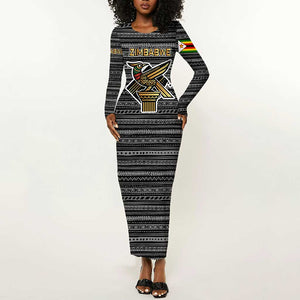 Zimbabwean Bird Statue Long Sleeve Bodycon Dress Tribal Pattern Flag Patch and Heritage Symbol