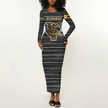Zimbabwean Bird Statue Long Sleeve Bodycon Dress Tribal Pattern Flag Patch and Heritage Symbol