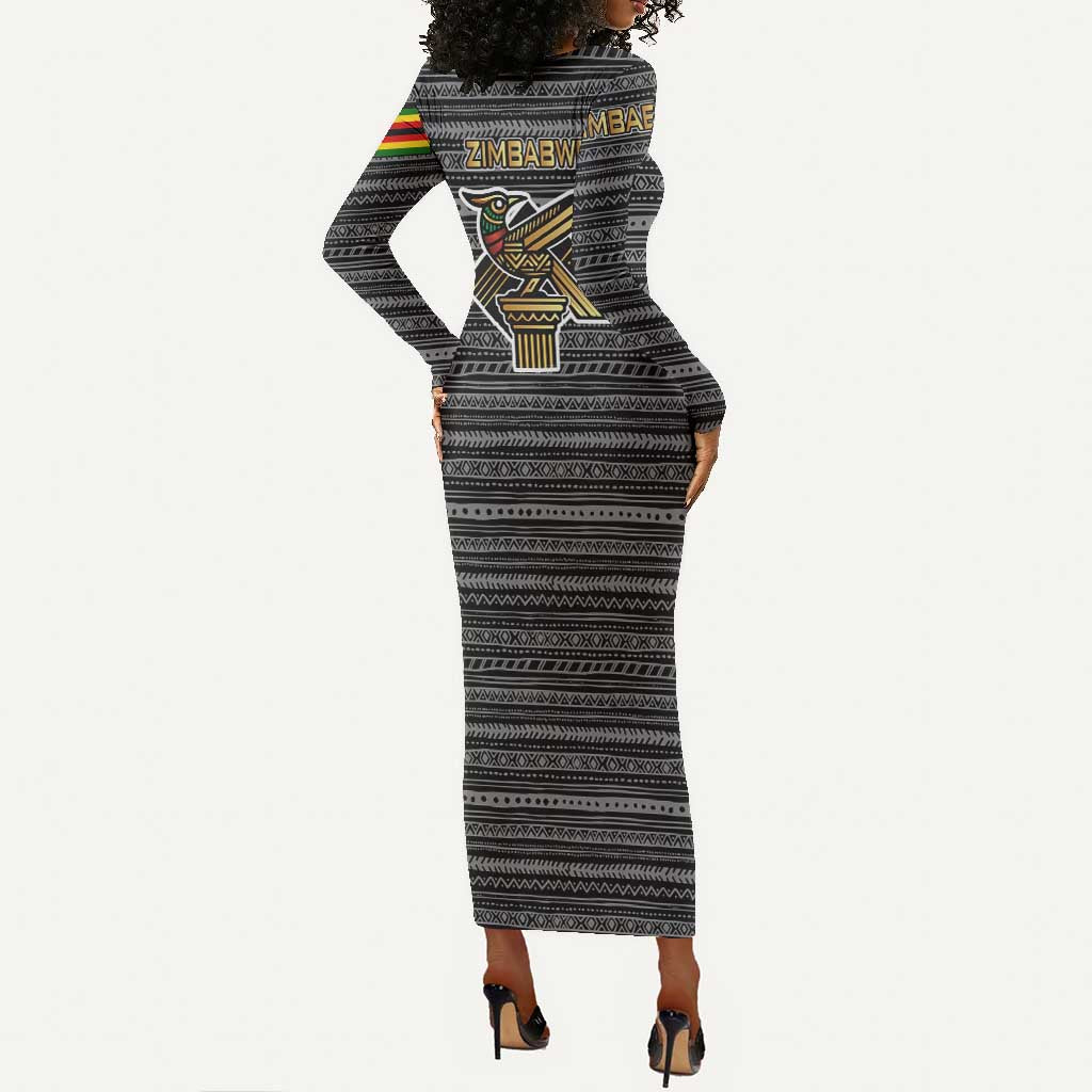 Zimbabwean Bird Statue Long Sleeve Bodycon Dress Tribal Pattern Flag Patch and Heritage Symbol