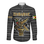 Zimbabwean Bird Statue Long Sleeve Button Shirt Tribal Pattern Flag Patch and Heritage Symbol