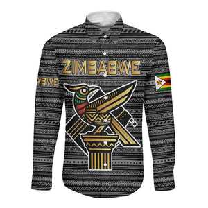Zimbabwean Bird Statue Long Sleeve Button Shirt Tribal Pattern Flag Patch and Heritage Symbol