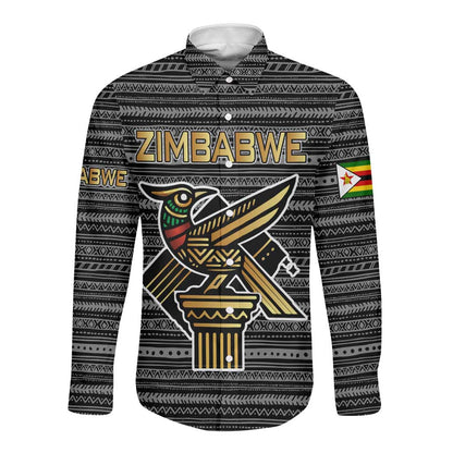 Zimbabwean Bird Statue Long Sleeve Button Shirt Tribal Pattern Flag Patch and Heritage Symbol