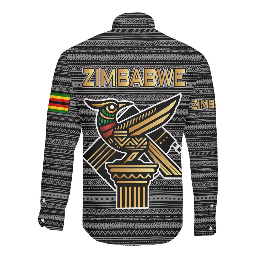 Zimbabwean Bird Statue Long Sleeve Button Shirt Tribal Pattern Flag Patch and Heritage Symbol