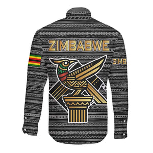 Zimbabwean Bird Statue Long Sleeve Button Shirt Tribal Pattern Flag Patch and Heritage Symbol