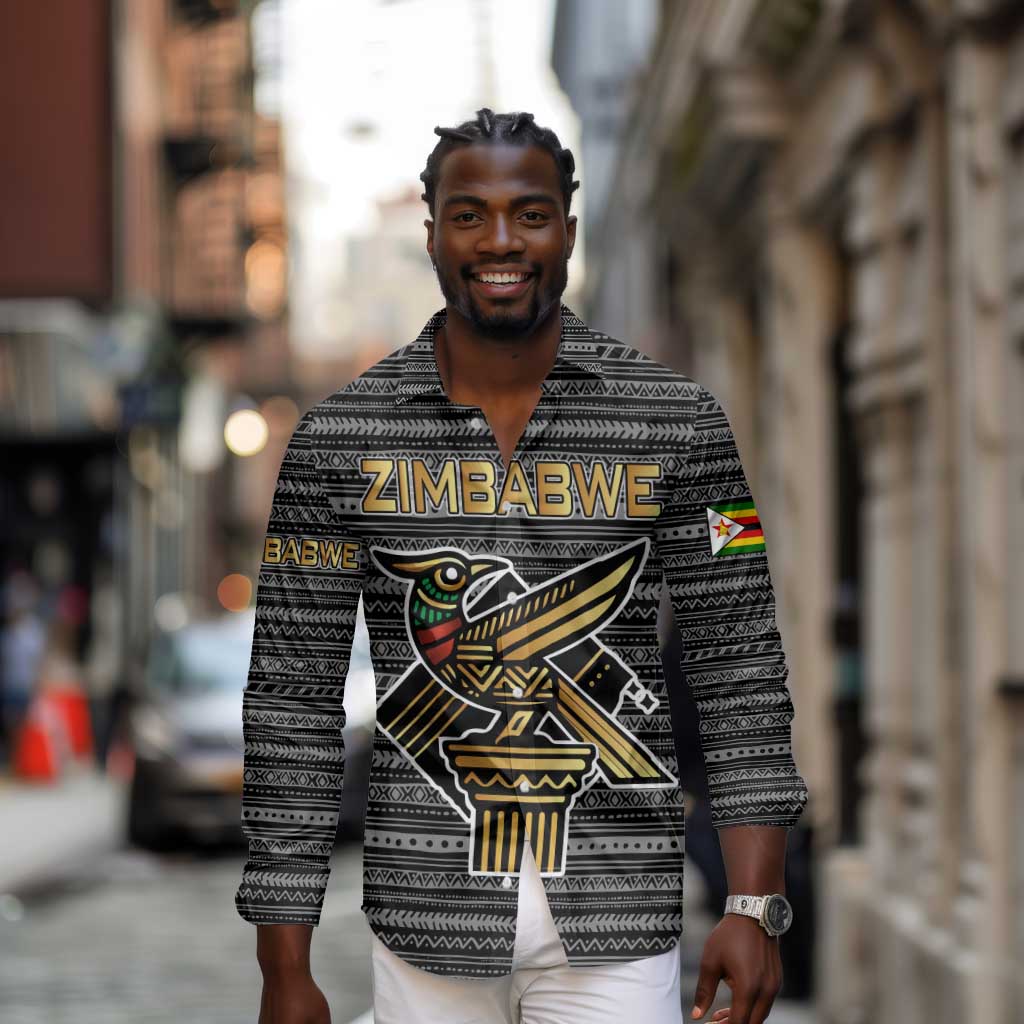 Zimbabwean Bird Statue Long Sleeve Button Shirt Tribal Pattern Flag Patch and Heritage Symbol