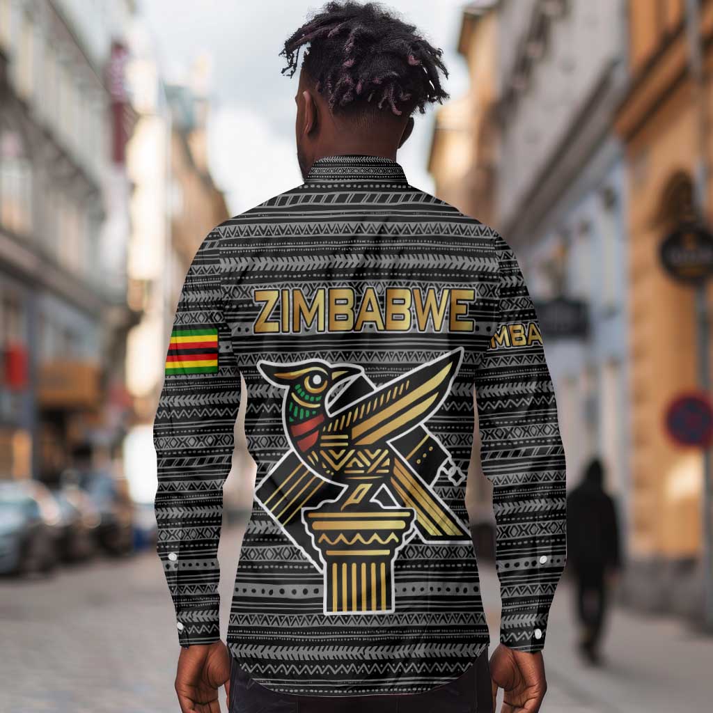 Zimbabwean Bird Statue Long Sleeve Button Shirt Tribal Pattern Flag Patch and Heritage Symbol
