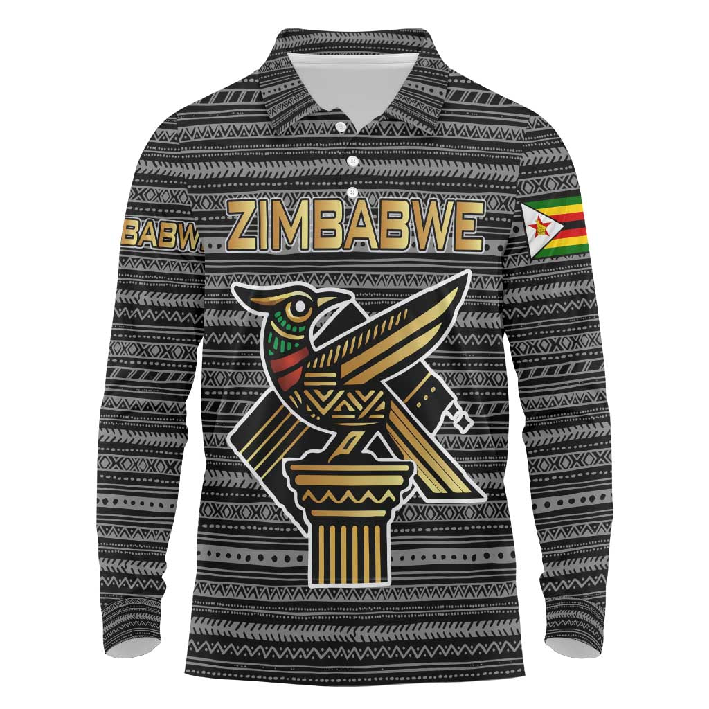 Zimbabwean Bird Statue Long Sleeve Polo Shirt Tribal Pattern Flag Patch and Heritage Symbol