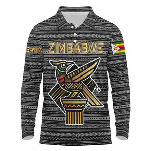 Zimbabwean Bird Statue Long Sleeve Polo Shirt Tribal Pattern Flag Patch and Heritage Symbol