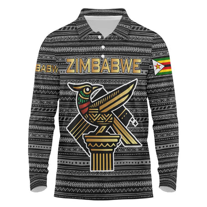 Zimbabwean Bird Statue Long Sleeve Polo Shirt Tribal Pattern Flag Patch and Heritage Symbol