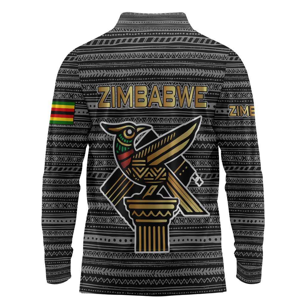 Zimbabwean Bird Statue Long Sleeve Polo Shirt Tribal Pattern Flag Patch and Heritage Symbol