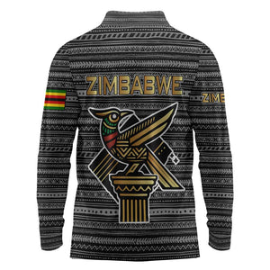 Zimbabwean Bird Statue Long Sleeve Polo Shirt Tribal Pattern Flag Patch and Heritage Symbol